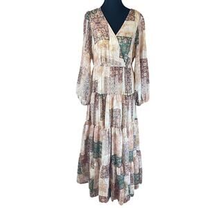 Toleen Boho Patchwork Maxi Dress L Tiered Balloon Sleeve Lined Fall Photoshoot